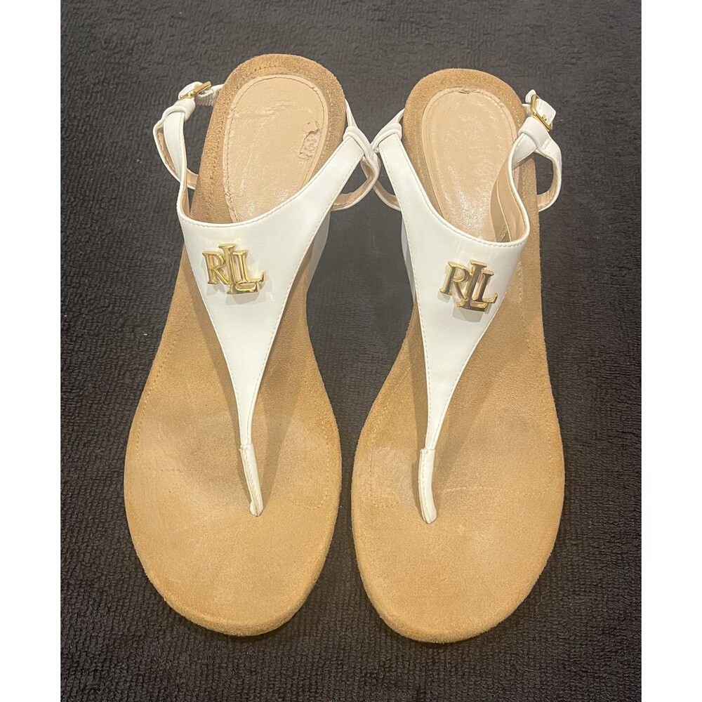 Lauren Ralph Lauren Jeannie Sandals Women 11B White Wedge Gold Logo T-Strap